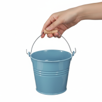 Artikel Dekorativ spand, metal, træhåndtag, urtepotte, blå, 16 cm høj, 2 stk.