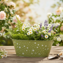 Artikel Oval metalskål med stjerner og hanke, grøn, 31×16 cm, H12,5 cm