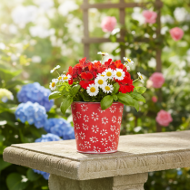 Artikel Rød og hvid mini urtepotte, blomsterdesign, metal, Ø10,5 cm H10,5 cm