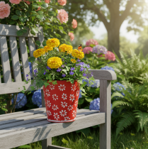 Artikel Rød og hvid blomsterpotte, metal, Ø12,5 cm H11,5 cm