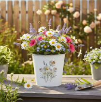 Artikel Urtepotte metal plantekasse hvide blomster 12,5cm H11,5cm