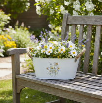 Artikel Dekorativ oval metalskål, hvid med naturlig blomsterdekoration, L26 cm