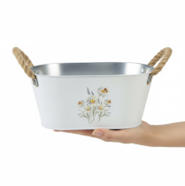 Artikel Dekorativ oval metalskål, hvid, naturlig blomsterdekoration, L26 cm