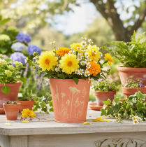 Artikel Urtepotte med blomsterdekoration, abrikosgul, Ø10,5 cm H10,5 cm