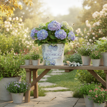 Artikel Lille metal urtepotte/plantekasse til hortensia, Ø17,5 cm H16 cm