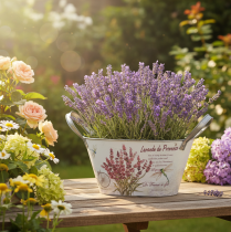 Artikel Oval metalblomsterskål med håndtag, lavendel, 32×15×15 cm