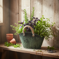 Artikel Urtepotte med hanke, taske, metal, jute, 19×13,5×13,5 cm