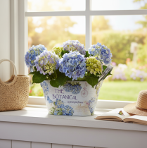 Artikel Blomsterskål med hanke, hortensia-design, metal, 26×13×14,5 cm