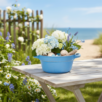 Artikel Dekorativ skål/plantekrukke, blå metal, shabby chic indretning, Ø17 cm, H8,5 cm