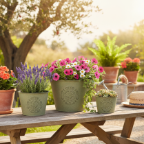 Artikel Metal urtepotte, grøn, vintage, Ø22cm–13,5cm, sæt med 3