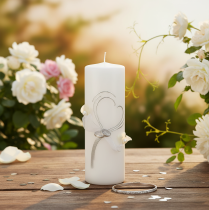 Artikel Festligt bryllupslys med et stilfuldt hjertedesign, sølvudsmykninger og organzabånd – ideelt til bryllupper og sølvbryllupsdage, 240/80 mm