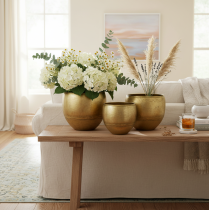 Artikel Dekorative vaser i messinglook i metal Ø18/15/12,5 cm, sæt med 3 stk.