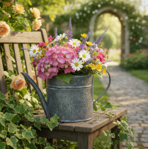 Artikel Vintage metal vandkande dekoration, grå med blomster, H13cm Ø13cm