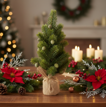 Artikel Kunstigt juletræ i jutesæk, lille borddekoration, mini juletræ, 38 cm