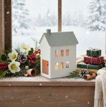 Artikel Dekorativt metalhusformet hus med vinduer og skorsten, 22 cm
