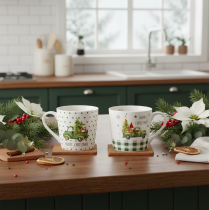 Artikel Kaffekrus Glædelig jul Julebilmotiv Keramikkrus 10 cm 2 stk.