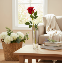 Artikel Kunstig rose med lang stilk, rød kunstig blomst, 62 cm, 12 stk.