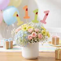 Artikel Nummerstik fødselsdag 1 blomsterstik træ 27,5cm 16 stk