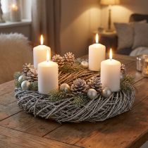 Artikel Fyrretræskrans, naturlig krans, shabby chic dekorativ krans, Ø40 cm, vinterdekoration, bordkrans, adventskrans