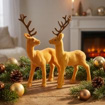 Artikel Deer deco rensdyr gul brun flokket H20,5 cm sæt med 2