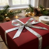 Artikel Julebånd Merry Christmas Bånd Sølv Hvid 10mm 20m