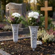 Artikel Grå gravvase med rosemotiv, 26 cm høj, 2 stk.