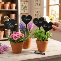 Artikel Træhjerteformede blomsterpæle, dekorative hjertepæle, 9 cm, sæt med 6