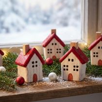 Artikel Julehus træ juledekoration hvid rød 7 cm 6 stk.