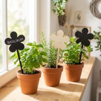 Artikel Blomsterpæle mini træplaketter sorte Ø10 cm 6-delt sæt dekoration
