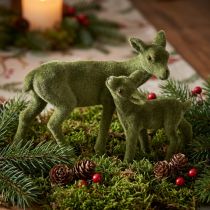 Artikel Hjorte dekorative figurer Julegrønt flokket hjorte med fawn i sæt H9/5,5cm 4 stk.