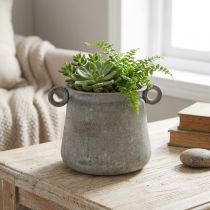 Artikel Dekorativ krukke vintage plantekasse metal med greb grå H13,5cm