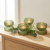 Artikel Glas fyrfadsstager, dekorative, ribbede, grønne, Ø9 cm, H7 cm, 4 stk.