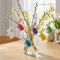 Artikel Honeycomb påskeharer stående til ophæng farvede 5×3×8cm 6stk