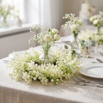Artikel Blomsterkrans mimosa kunstig creme hvid grøn Ø25cm