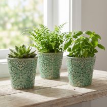 Artikel Plantekasse keramisk knitrende glasur grøn Ø11cm H11cm 3stk