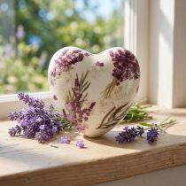 Artikel Hjerteformet keramikdekoration, lavendel vintage stentøj, 10,5 cm