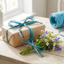 Artikel Dekorativt bånd lavet af plastik, raffia, flerfarvet gavebånd blå-brun L200m