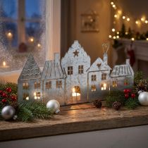 Artikel Julepynt huse, fyrfadsstage metal sølv 25cm