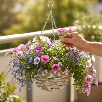 Artikel Plantekurv til ophæng, blomsterkurv flettet hvid, grå, natur H16cm Ø30cm