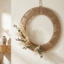 Artikel Sommervægdekoration, boho-stil, jute og metal, Ø49 cm, hængende dekoration, tørret blomsterkrans, vintage-stil