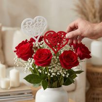 Artikel Blomsterprop hjerte rødt, hvidt pyntestik Valentinsdag 7cm 12stk