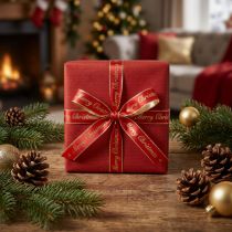 Artikel Julebånd Merry Christmas Bånd Rød Guld 10mm 20m