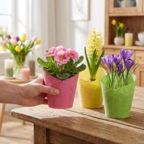 Artikel Plantekar papir plantepotte vævet pink gul grøn Ø9cm H18cm 9stk
