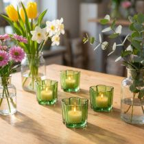 Artikel Dekorative glasfyrfadsstager, blomsterformet, grøn, Ø7,5 cm, H6 cm, 6 stk.