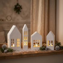 Artikel Miniaturehuse til indretning og stemning, meget dekorative, tidløst design til hjemmet, 14 cm, 4 stk.