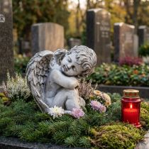 Artikel Engle siddende dekorativ figur grav dekoration grå polyresin H18cm