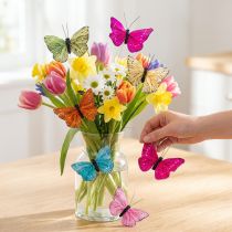 Artikel Dekorative sommerfugle på tråd til farverig bordpynt, 7 cm, 12 stk.