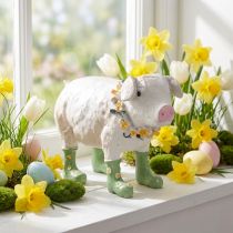 Artikel Dekorativ gris med gummistøvler – Sjov bondegårdsfigur med blomsterkrans 15,5 cm