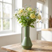Artikel Dekorativ metalvase, grøn, med hank; vintage dekorativ kande, 14 cm høj, 28,5 cm høj