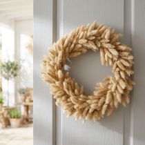 Artikel Dørkrans, dekorativ krans, tørret blomsterkrans, fløjlsgræs, Lagurus, boho-stil, naturlig dekoration, Ø31 cm